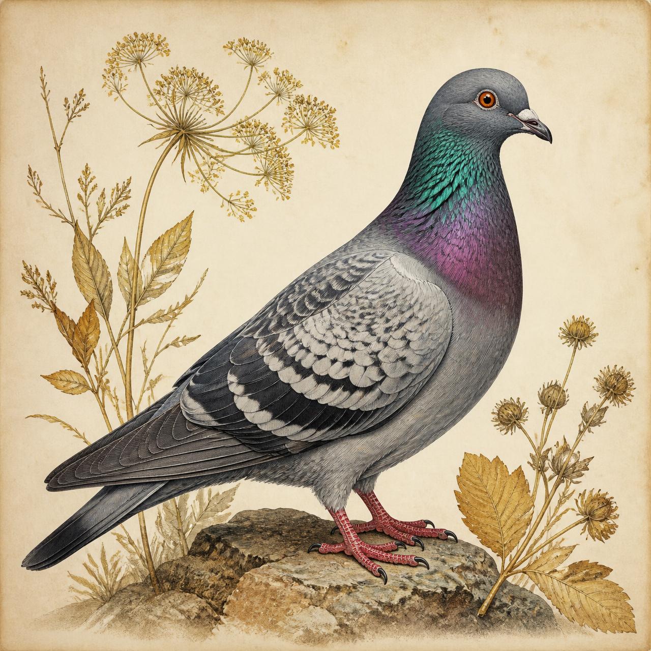 Vintage field-guide illustration of a sigeon with iridescent neck feathers